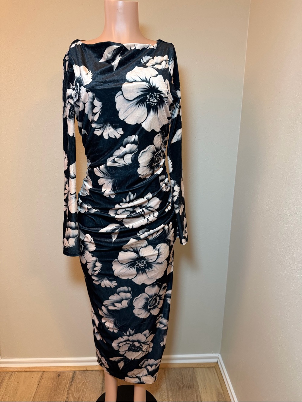 BHLDN M Black/White Floral Velvet Ball Gown Boat Neck Ruched Long Sleeve
